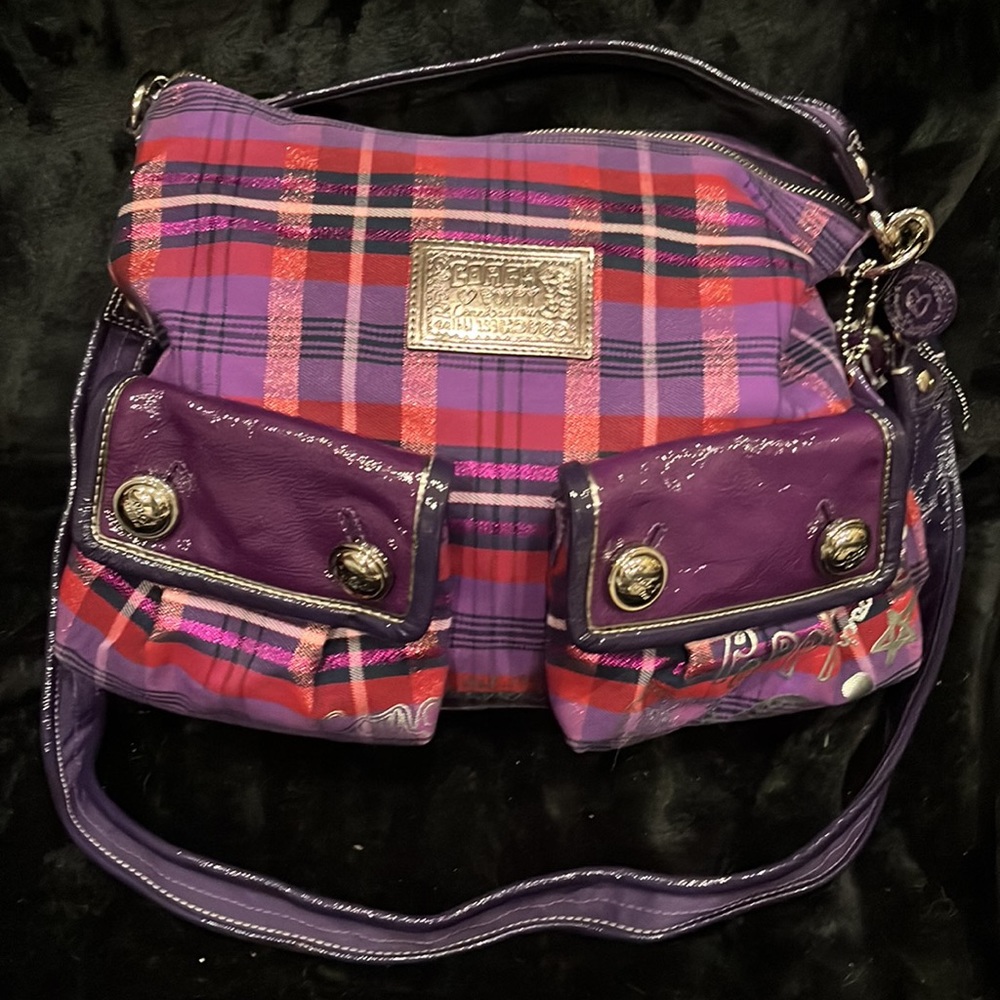 Authentic Coach Bag And Body Cross Poppy Purple Plaid Medium Size In